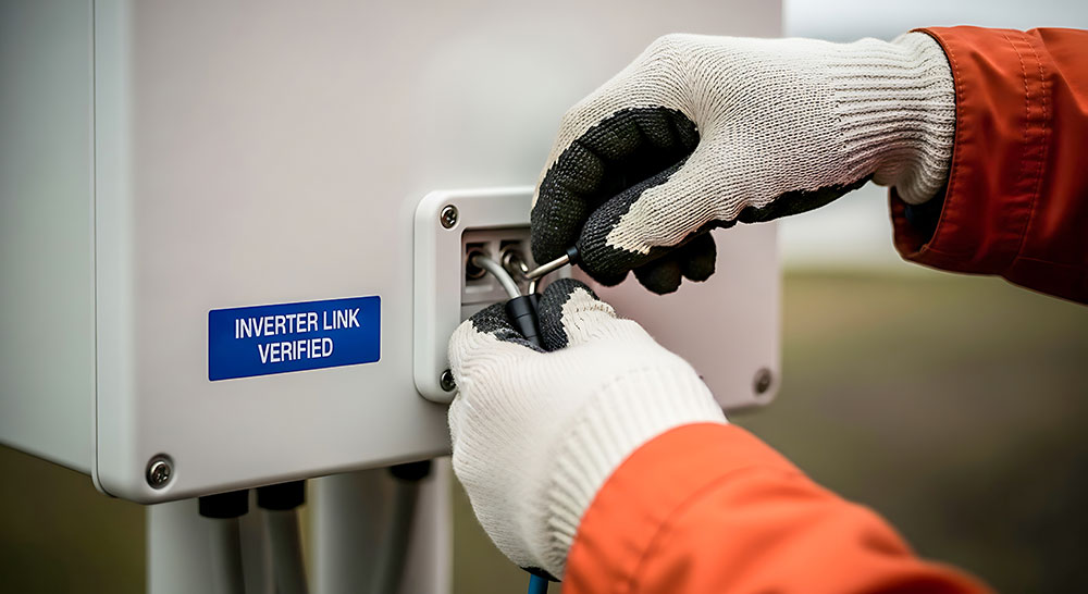 Electrician's gloved hands unlocking solar inverter box at a gold coast property